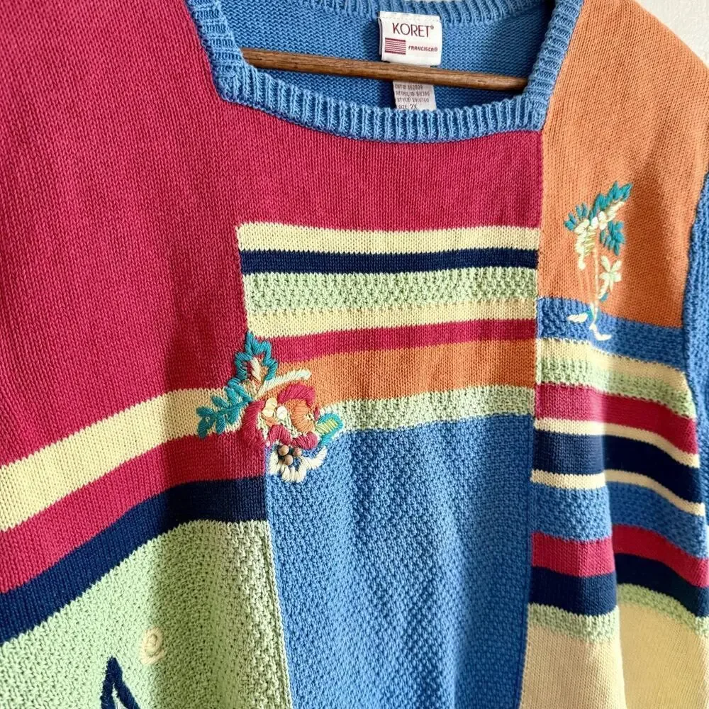 Vintage 90s Koret Size 2X Sweater - Short Sleeve Multicolor Embroidery Knit